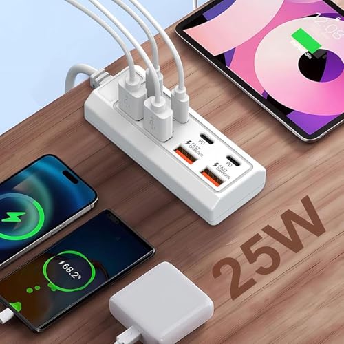 Image of 8-Port USB Charging Hub, 25W Fast Charger with 4 PD USB-C and 4 USB-A Ports, White, for Phones and Tablets