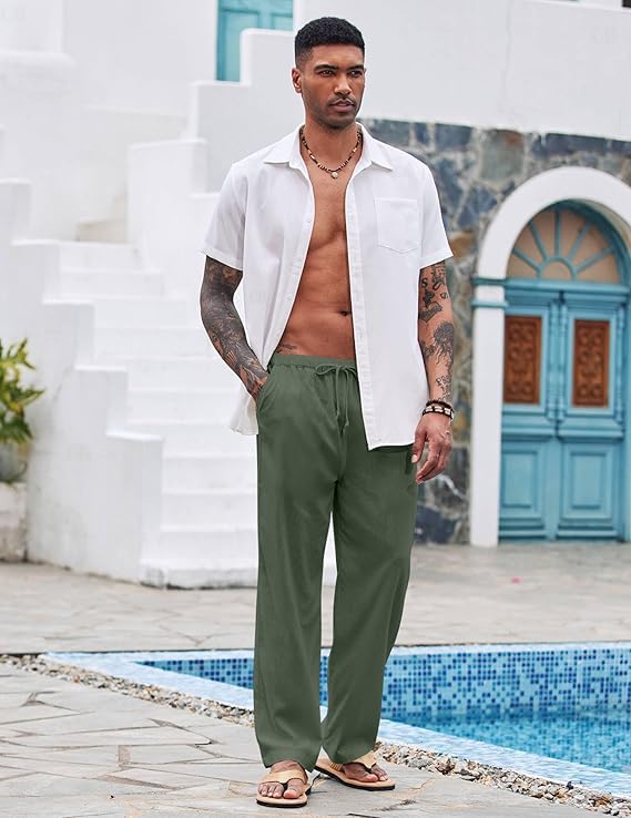 Image of CB-COLEBROOK Mens Casual Linen | Elastic Waist | Drawstring Summer Beach Yoga Linen Trouser | Loose Fit Pyjama Pants for Man