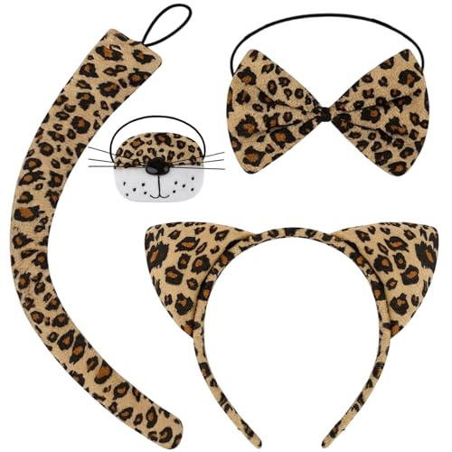 DvBCNMe 4-teiliges Set mit Stirnband Leopard Kostüm Kinder Nase Schleife und Schwanz Dschungel Verkleidung für Mädchen und Jungen Tierkostüm für Kinderfeste und Karneval