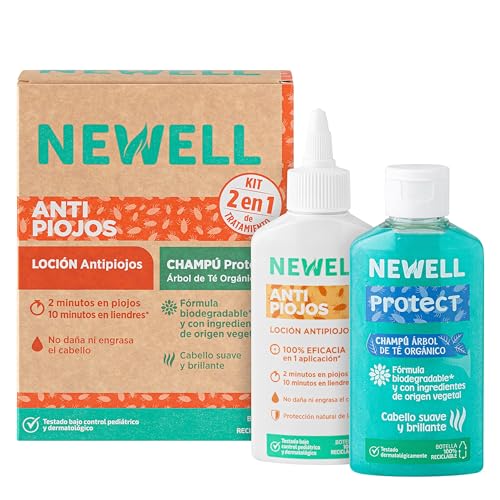 NEWELL | KIT ANTIPIOJOS | Incluye Loción y Champú Newell | Elimina 100% Piojos y Liendres | Kit 100ml + 120ml | No Daña ni Engrasa el Cabello | Botellas 100% Recicladas y Reciclables