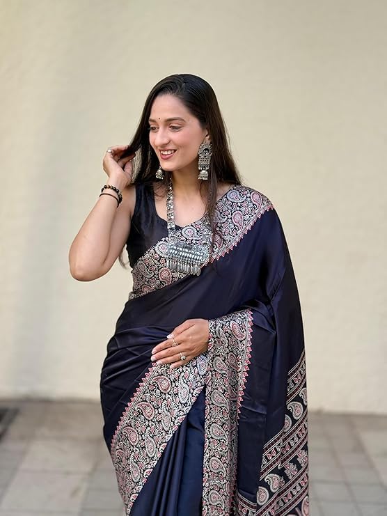 Image of SATIKA VASTRAM Modal Silk Ajrakh Saree Bandhani Design Crepe Printed Designer Pallu Attach Blouse Piece