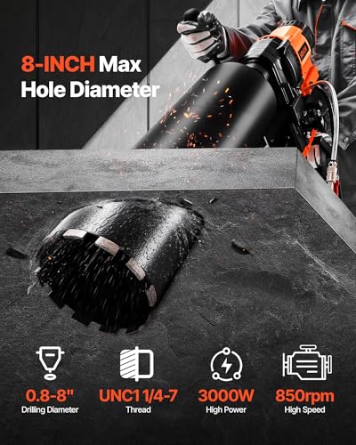 Image of VEVOR Diamond Core Drilling Machine, 0.8-8 in Drilling Diameter, Stand-Mount Dry and Wet Concrete Core Drill Rig with 8 Drill Bits, 800 RPM Speed, UNC1 1 /4-7 Thread, 3000W