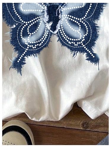 Verdusa Girl's Letter Print Casual T Shirt Short Sleeve Round Neck Tee Tops White Blue Butterfly 10Y4