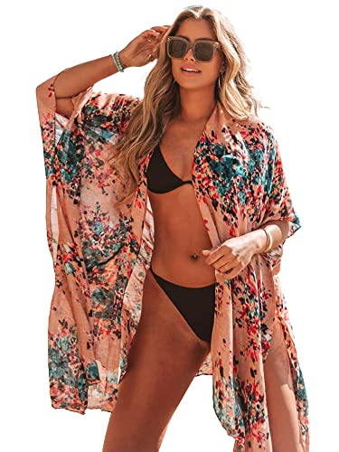 Image of Spicy Sandia Kimonos for Women Floral Beach Cover Up Loose Swimsuit Bathing Suit Coverup Cardigan for Summer Swimwear