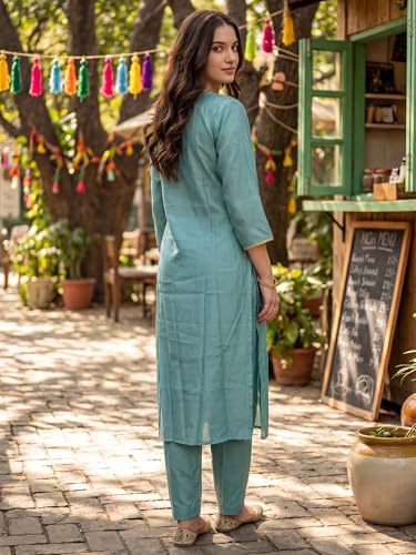 Image of INDO ERA Solid Straight Pure Cotton Kurta with Pant & Dupatta Set for Women