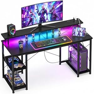 ODK Gaming Desk with Led Lights & Power Outlet, 48 Inch Gaming Computer Desk with Storage Shelves, PC Desk with Monitor Stand, Gamer Desk Table for Home Office, Black
