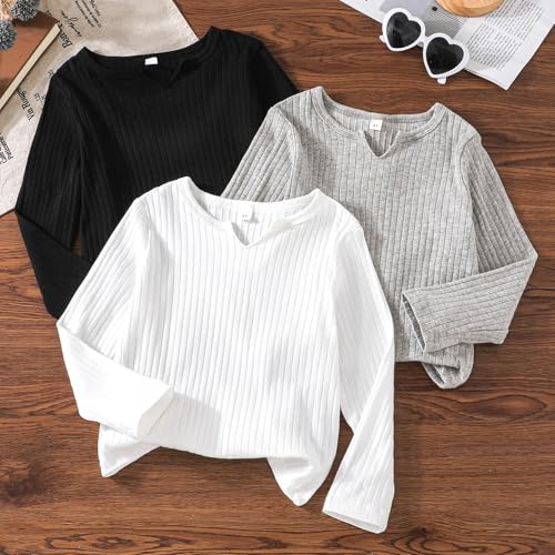 3 Pack Kids Long Sleeve Tees Girls' Soft T-Shirts Ribbed Basic Crewneck T-Shirts Top for Girls Boys2