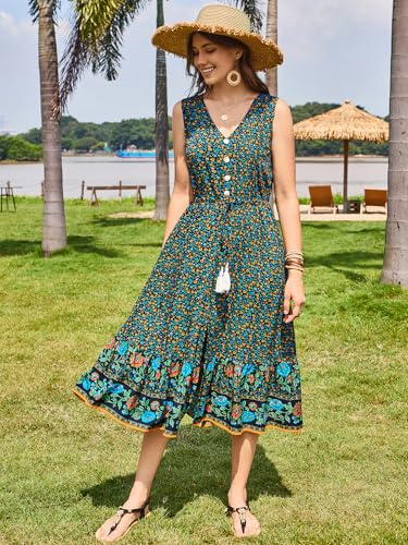 Image of BROVAVE Women Summer Bohemian Floral Print V Neck Sleeveless Sundress Flowy Casual Midi Dress