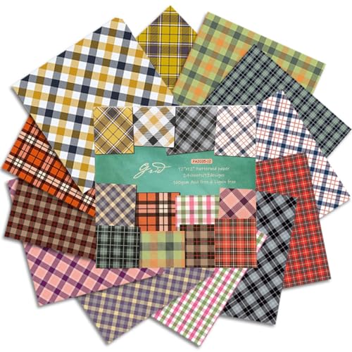 Gingham Scrapbook Paper 12x12 Inch - 24 Sheets Single-Sided Vintage Plaid Patterned Paper Pad - 160gsm Acid-Free & Lignin-Free Cardstock for Scrapbooking, Junk Journal, Card Making & Origami