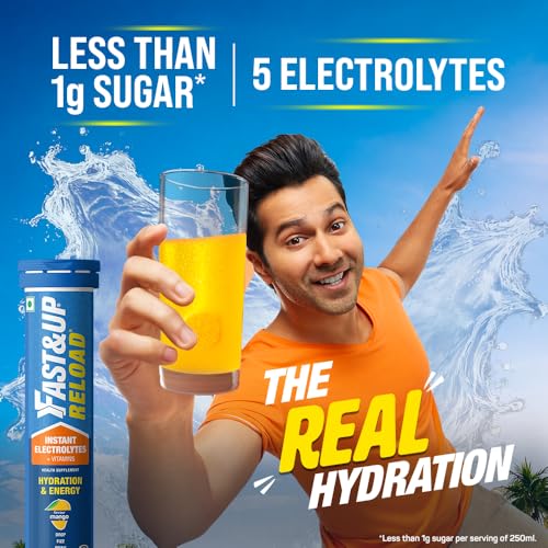 Image of Fast&Up Reload (5 Litres) Low Sugar energy drink for Instant Hydration - 20 Effervescent Tablets with all 5 Essential Electrolytes + Added Vitamins - Certified Electrolytes Drink - Mango flavour