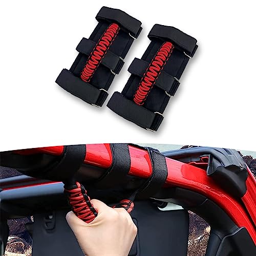 Kewucn 2 Pack Car Roll Bar Grab Handles Grip Handle with 3 Straps, Easy to Install and Durable Grab Handle Set, Compatible with 1987-2023 Wrangler YJ TJ JK JKU JL JLU & Gladiator JT (Red)