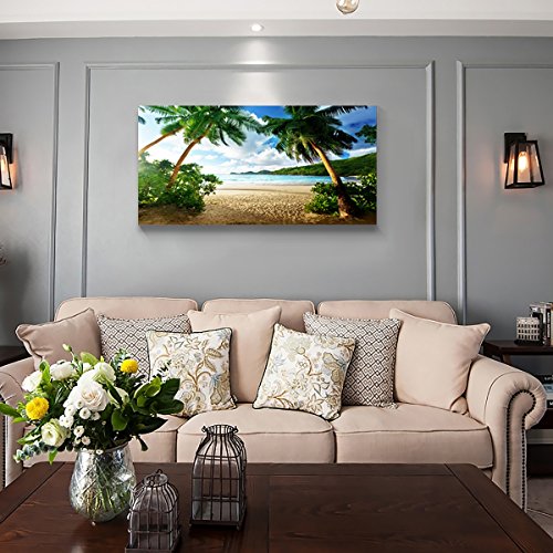 Image of Wall Art Sea Beach Coconut Tree Landscape Picture Print Canvas Wall Art Modern Giclee Artwork Home Decor Stretched and Framed Ready to Hang,2cm Thick Frame, Waterproof Artwork.