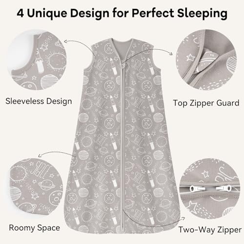 Image of Baby Sleep Sack 12-18 Months 3 Pack 100% Cotton Lightweight 0.5 TOG Wearable Blanket Baby Sleep Bag with 2-Way Zipper for Newborn Infant White Gray Blue Space