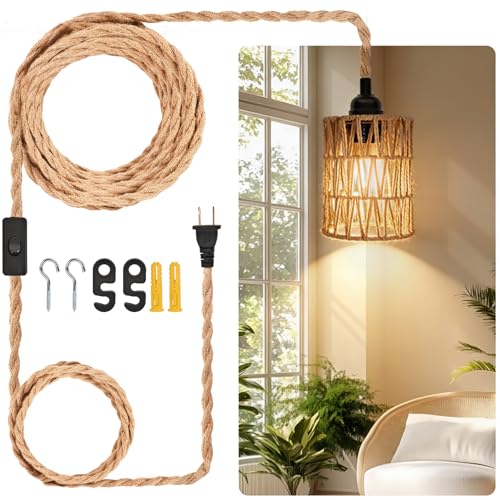 eivtokn Hanging Lamp with On/Off Swith and 15ft Hemp Rope. Plug in Pendant Light with Cylinder Pendant Lamp Shade Ideal Hanging Lights for Bedroom and Living Room