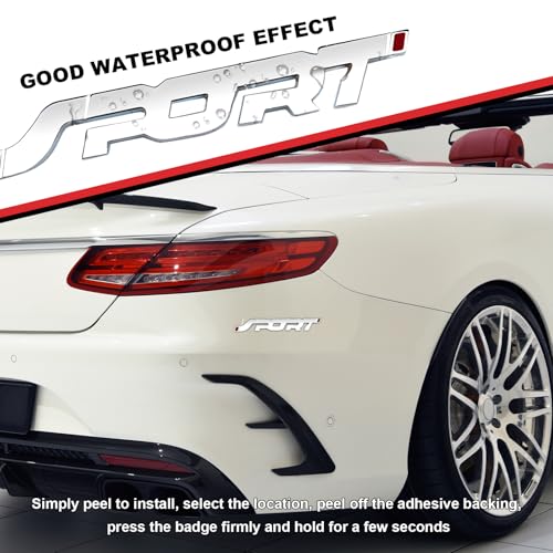 Image of 2 PCS Metal Car Sport Sticker, 3D Raised Car Fender Badge Front & Rear Tailgate Emblem with Sport Logo, Strong Adhesive Letters Decals for Front Hood Grill Rear Trunk (White)