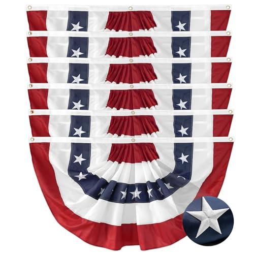 6Pack American Bunting Flags for 4th of July Patriotic Decor 1.5x3Ft Pleated Half Fan Bunting 250th Anniversary Outside Porch USA Flag Garden Embroidered Star Red White & Blue Stripe Banner