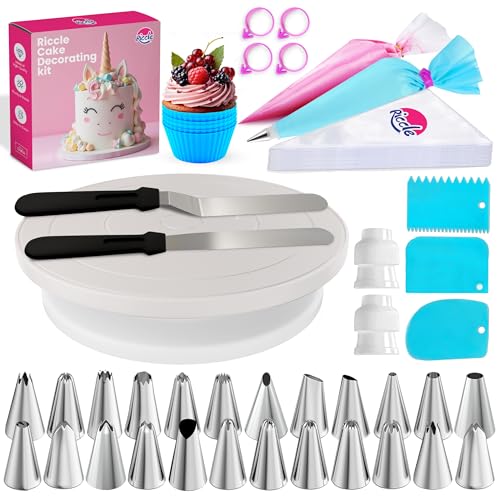 Riccle 94 pcs Cake Decorating Kit with Cake Turntable - Includes 50pcs 12 Inch Disposable + 2 Reusable Piping Bags and Tips Set, 24 Icing Piping Tips, 2 Spatulas, 3 Icing Comb Scraper, 6 Cake Liners