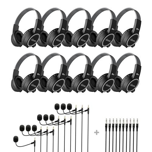 Image of MEE audio KidJamz 10-Pack Classroom School Headphones, Adjustable On-Ear Student Headsets with 3.5mm Jack & Boom Mic, Volume Limiting, Durable Design w /Detachable Cords, Bulk 10pk + 20 Cables (Black)