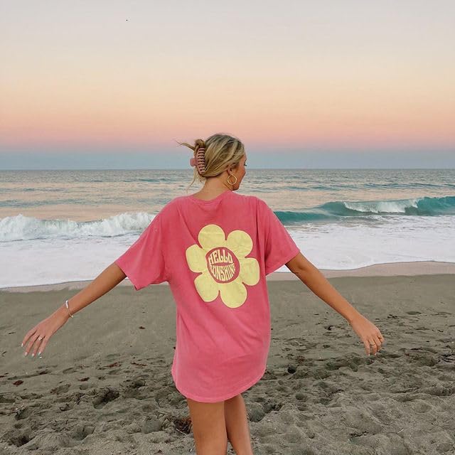 Image of Vintage Oversized Flower Graphic Tees Cute Surfboard Palm Baggy T-Shirts Summer Preppy Beach Tops Teen Girls Clothes