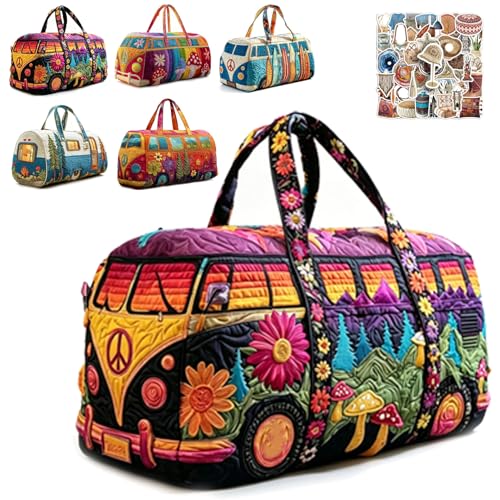 Unisex Boho Quilted Weekender Bag - Large Hippie Van Quilted Duffle Bag with 50 Pcs Boho Art Stickers - Lightweight Hippie Carry-on Luggage for Gym Yoga Weekend Trips (#C 16x8x8)