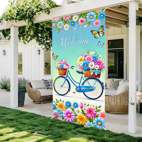 Image of Welcome Spring Bicycle Door Cover 35x71in Daisy Decor