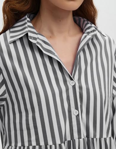 Image of EZAPINE Womens Babydoll Striped Shirt Midi Dress Puff Long Sleeve Collared Button Tunic Flowy Swing Dresses