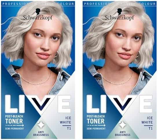 Schwarzkopf Live Post Bleach Toner Ice White Hair Toner, Lasts Up To 16 Washes, Semi-Permanent Blonde Hair Dye, For Brassy Yellow Tones, T1 (Pack of 2)
