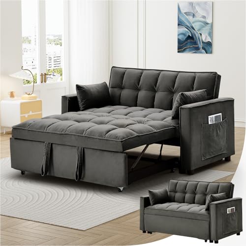 DAMAIFROM Convertible Sleeper Sofa Bed, Velvet Pull Out Couch Bed,3-in-1 Convertible Upholstered Loveseat Sofa,Velvet Futon Couch with Adjustable Backrest for Living Room - Dark Grey