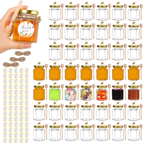 AuroTrends 3oz Honey Jars with Dipper 48Pack, Mini Honey Jars for Baby Shower Favors/Wedding Favors for Guests Bulk-Mini Glass Jars with Lids/Wooden Dippers (3 fl.oz-48Pack)