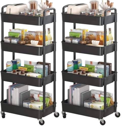Image of Sywhitta 4-Tier Plastic Rolling Utility Cart with Handle, Multi-Functional Storage Trolley for Office, Living Room, Kitchen, Movable Storage Organizer with Wheels, Black (Pack of 2)