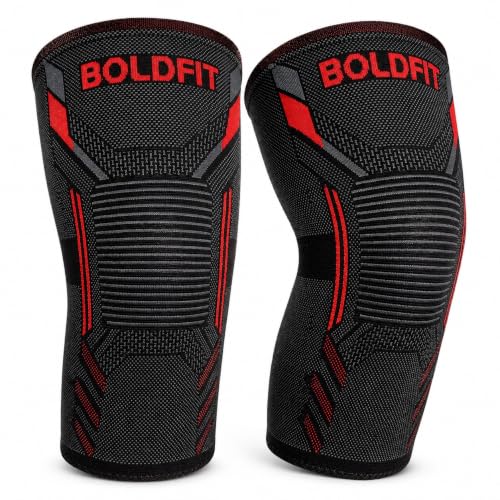 Image of Boldfit Orthopedic Knee Caps for Men & Women Knee Support for Pain Relief, Gym, Running, Arthritis & Workouts Anti-Slip Knees Sleeves for Squats, Sports, Badminton, Black Red- M