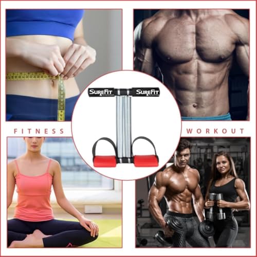 Image of SUREFIT Tummy Trimmer Double Spring With Comfertable Foam Grip Handle & Ab Roller Wheel Combo for Men & Women | Home Workout Fitness Kit for Abs, Arms & Core Training (RED)