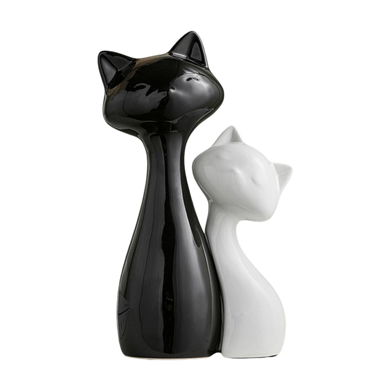 Coppia di Gatti Moderni in Ceramica Decorazione per Casa Scultura Astratta Statuina Collezionabile Adatta per Ufficio Soggiorno, L Black S White