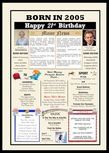 2005 21st Birthday Poster Year You Were Born Highlights A4 Framed Print | Unique 21st Birthday Gift for Him Her | Handmade Memory Lane Keepsake
