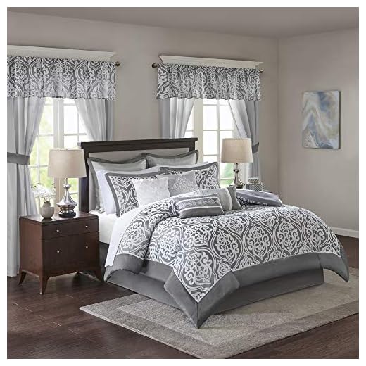 Madison Park Essentials Jordan Cozy Comforter Set Jacquard Damask Medallion Design - Modern All Season, Down Alternative Bedding, Shams, Decorative Pillows, King(104 in x 92 in), Grey/White 24 Piece