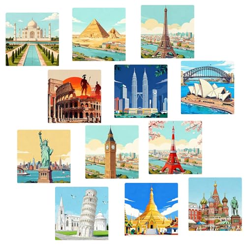 Set de 12 imanes decorativos de hitos mundiales retro miniatura 1