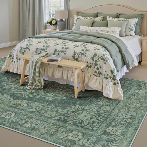 6x9 Area Rug Green Washable Vintage Distressed Living Room Carpet Large Bedroom Indoor Medallion Floral Non Slip Retro Throw Floor Mat for Office Dining Room Kitchen Bathroom