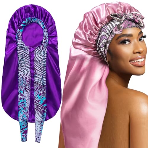 2Pcs Bonnets for Black Women Braid Bonnet Large Long Satin Silk Bonnet for Braids Black Women Braid Bonnet with Stretchy Tie Band for Sleeping Extra Long (Purple & Pink Pattern)