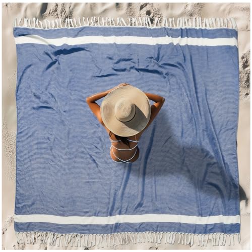 Oversized Turkish Beach Towel Blanket XXL Cotton Sandproof Towels Boho Woven Extra Large Big Sand Free Giant Throw Blankets Huge Quilt XL Picnic Camping Necessities Cloud For Adult Gifts Blue