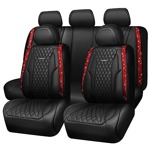 CAR PASS Nappa Leather Bling Diamond Black Red Seat Covers Full Set, Waterproof Calfskin Heavy-Duty Anti-Slip, Universal Fit for 95% Auto SUV Sedan Truck, Glitter Sparkle Shining (Red Rhinestone)
