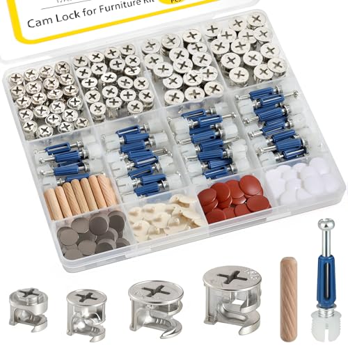 SVLING 138PCS Cam Locks for Furniture Assortment Kit 3-in-1 Eccentric Hardware Wheels Furniture Cam Lock Fasteners with Multi-Size Nuts Bolts Wood Dowel Pins Repairing Cabinet Closet Drawer