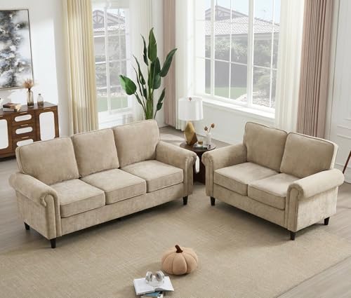 Image of Kingfun Loveseat 2 & 3 Seater Couch with Chair, Mid Century Modern Chenille Sofa Set with Rolled Arms and Deep Seats, Fluffy Comfort for Living Room, Apartment, Easy Assembly, Khaki