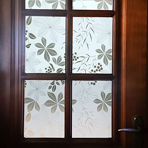 Vsudo 17.7" By 78.7" White Frosted Privacy Window Film, Removable White Background & Leaf Pattern Matte Window Film, Opaque Window Glass Covering, Static Cling Window Sticker For Home (9.68 Sq. Ft) #TOP29