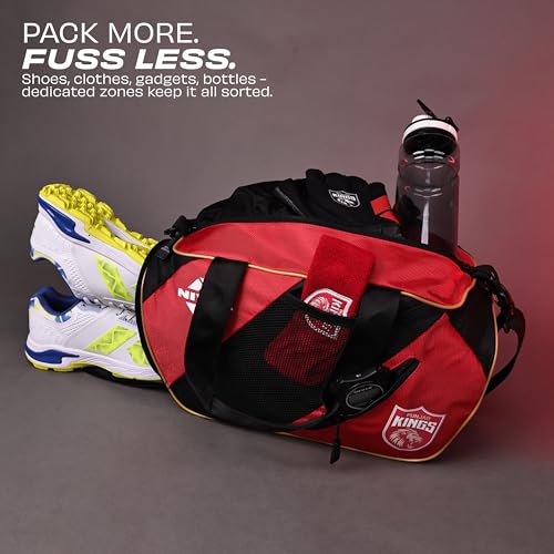 Image of Nivia X Punjab Kings Hit 2.0 Duffle Bag 22L - Ventilated Shoe Compartment, Quick-Access Pockets, Trolley Sleeve for Gym, Training & Travel