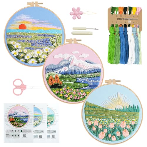 Image of RidaaFri Embroidery Kit for Beginner, Set of 3 Floral Mount Sunshine Pattern DIY Kits for Adults & Starter, Hand Embroidery Practice Set with Step-by-Step Video Tutorial, Includes Hoop, Needles, Floss