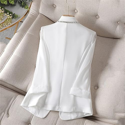 Women White Blazer Jacket 3/4 Sleeve Rhinestone Button Slim Thin Casual Office Blazers2