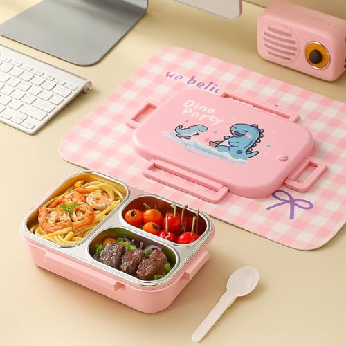Image of QLECT Printed Dino Party Stainless Steel Lunch Box for Kids Adults, Insulation Keeps Food Warm,Food Grade Bpa Free,3 Compartments with Locking Lid & Steam Valve,Spill Leak Proof|1000Ml Pink