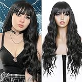 FUGADY Black Wavy Wig With Bangs Black Wig with Bangs Long Wig Synthetic Wig Body Wave Wig Cheap Wig Heat Resistant Wig Black Wigs For White Women Cosplay Wig
