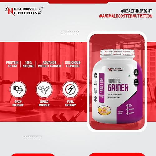 Image of Animal Booster Nutrition WEIGHT GAINER | 15gms of Protein in 90gm of Serving| For Gain Weight, Build Muscle & Fuel Energy - Mango Flavor (33 Servings /3KG)
