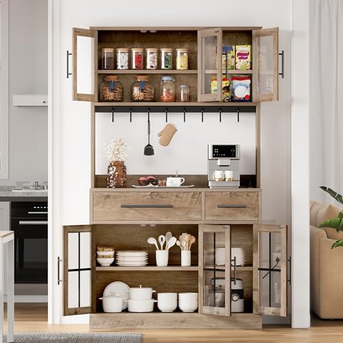 DWVO 71'' Tall Kitchen Pantry Storage Cabinet with Charge Station, Farmhouse Glass Display Food Pantry Hutch with Microwave Stand & Hooks & Drawers & Shelves for Home Living Dining Room, Lvory Grey